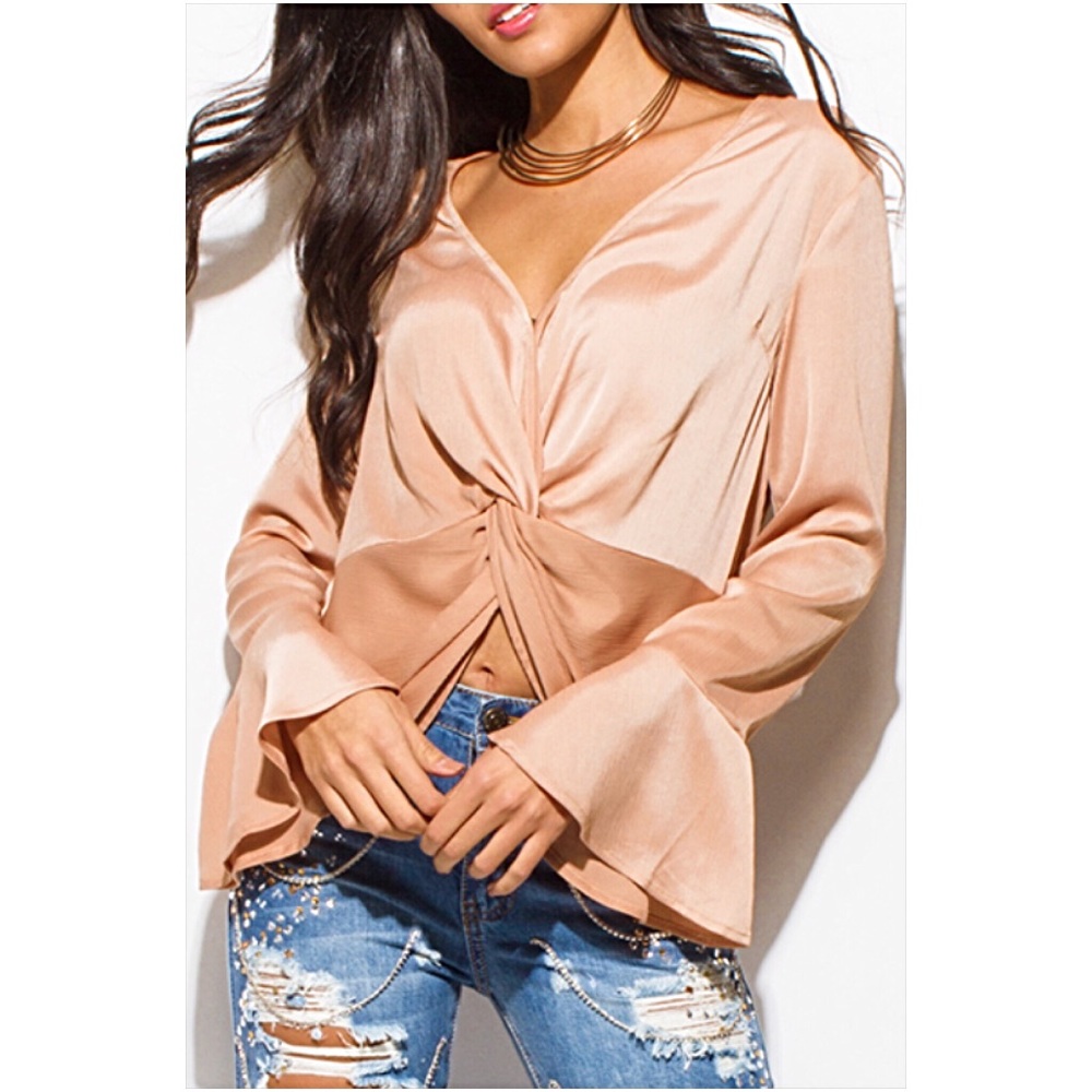 Silky Bell Sleeve Twist Front Blouse S - Picture 4 of 8
